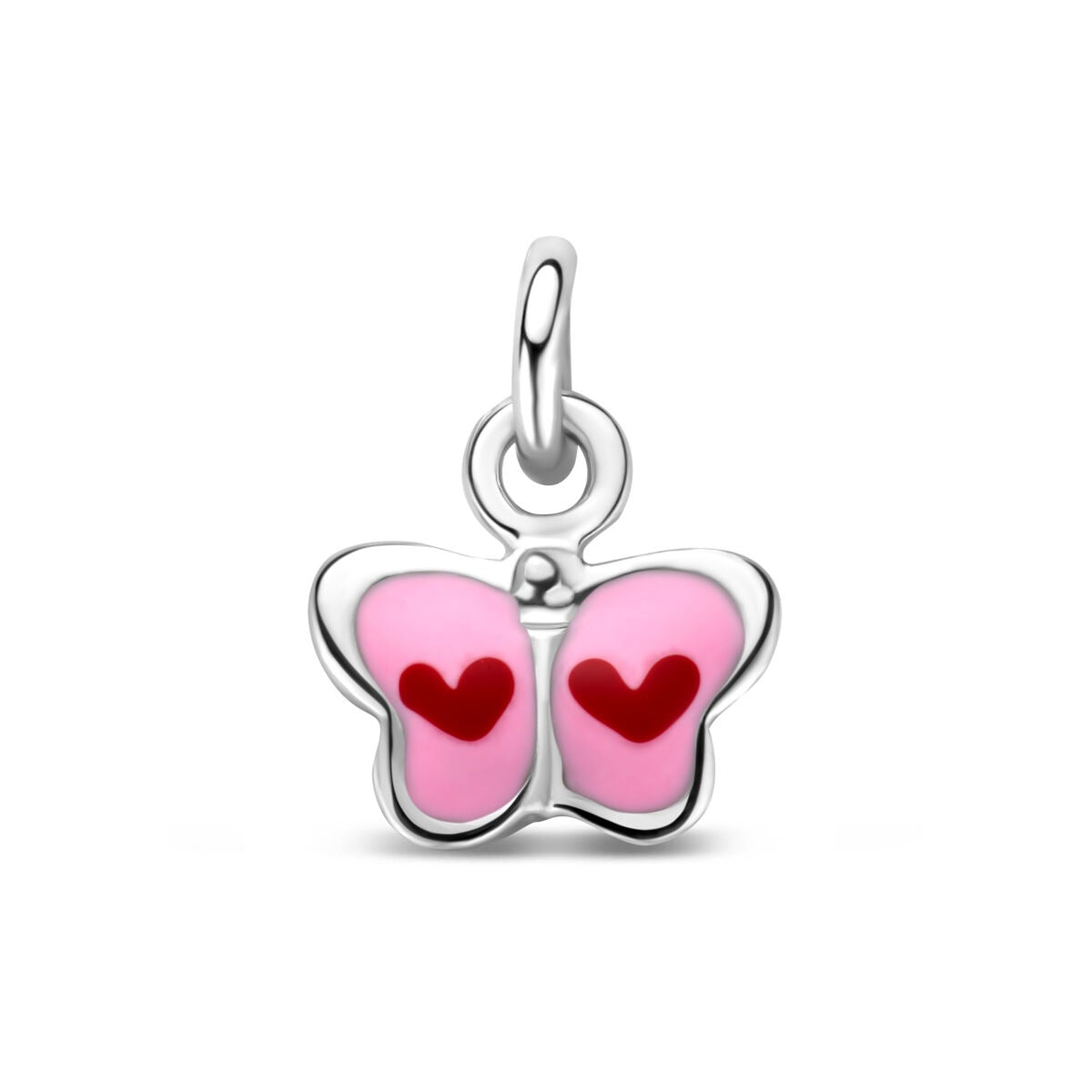 Colgante de mariposa de plata rodiada con esmalte rosa y corazones rojos.