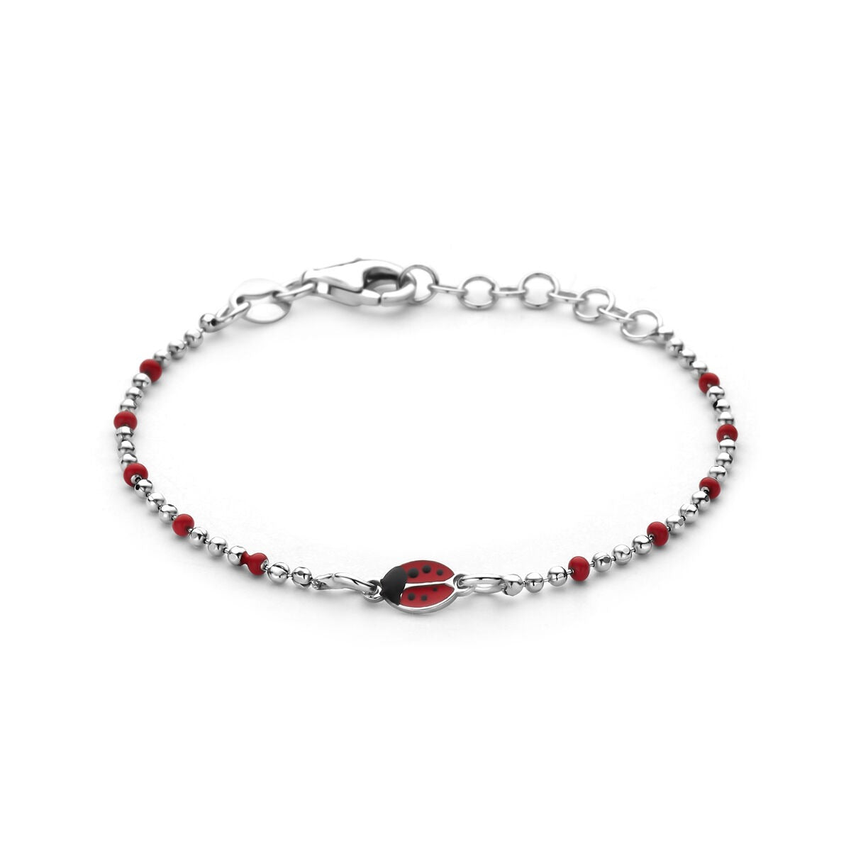 Pulsera infantil de plata rodiada con charm de mariquita y detalles en rojo, longitud de 13 + 3 cm.