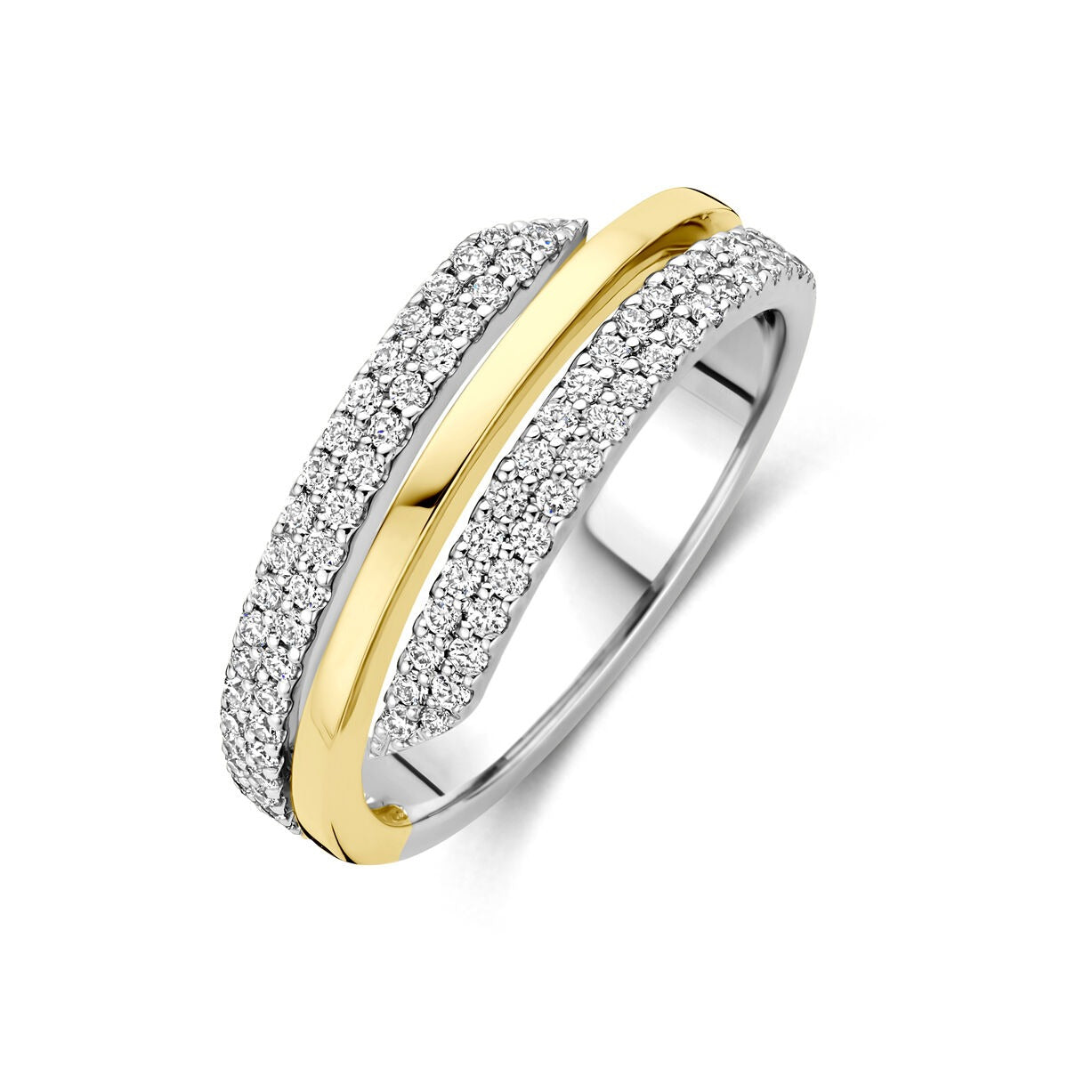 Anillo bicolor de oro de 14k con diamantes de 0.40 ct, diseño moderno y brillante.
