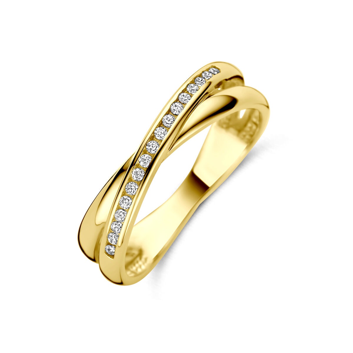 Anillo de dama de oro amarillo de 14k con circonitas en engaste de brillante.