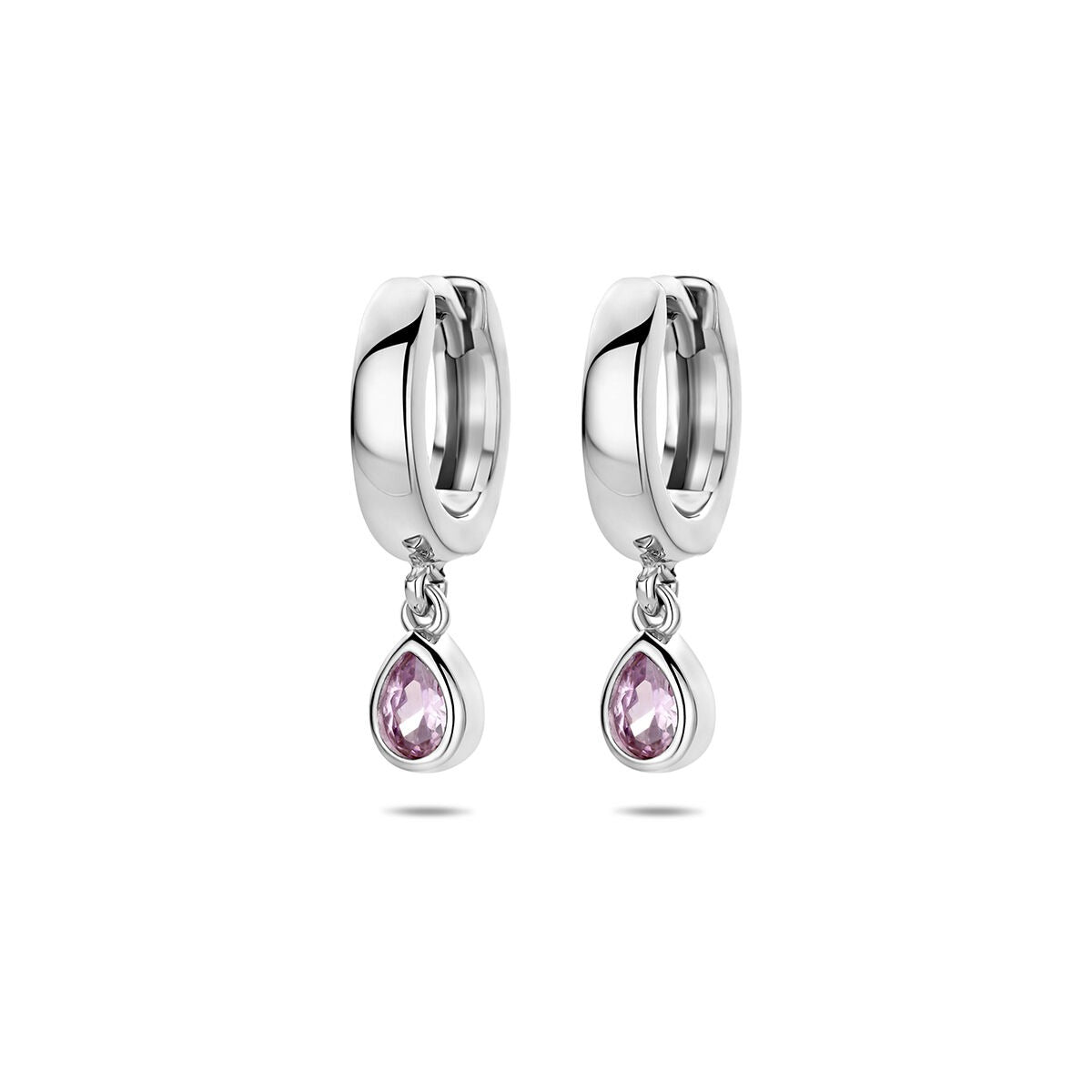 Aros de plata 925 rodiada con zirconia rosa en forma de gota.