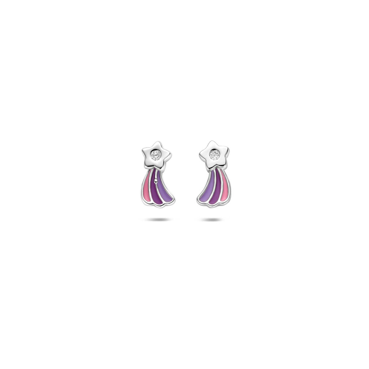 Pendientes de primera puesta en forma de estrella caída, con zircón y esmalte en tonos morados y rosas.