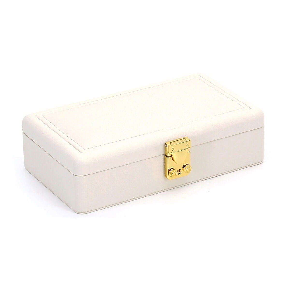 Caja de joyas beige con acentos amarillos, compacta y estilizada, con cierre dorado.