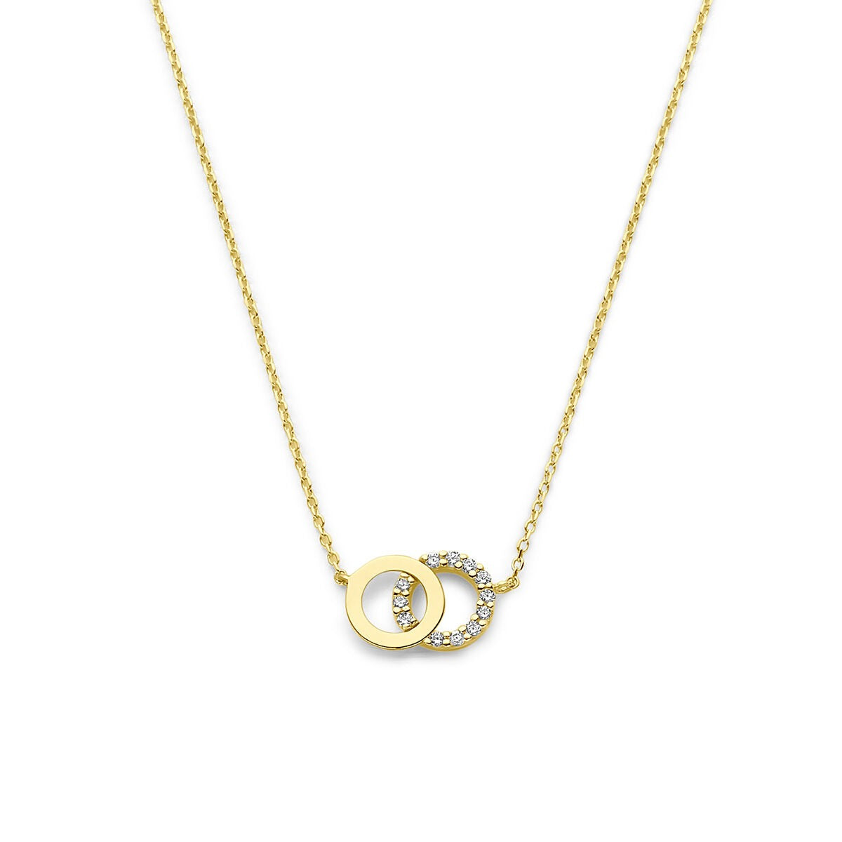 Collar ajustable de color dorado con dos aros entrelazados y circonitas brillantes.