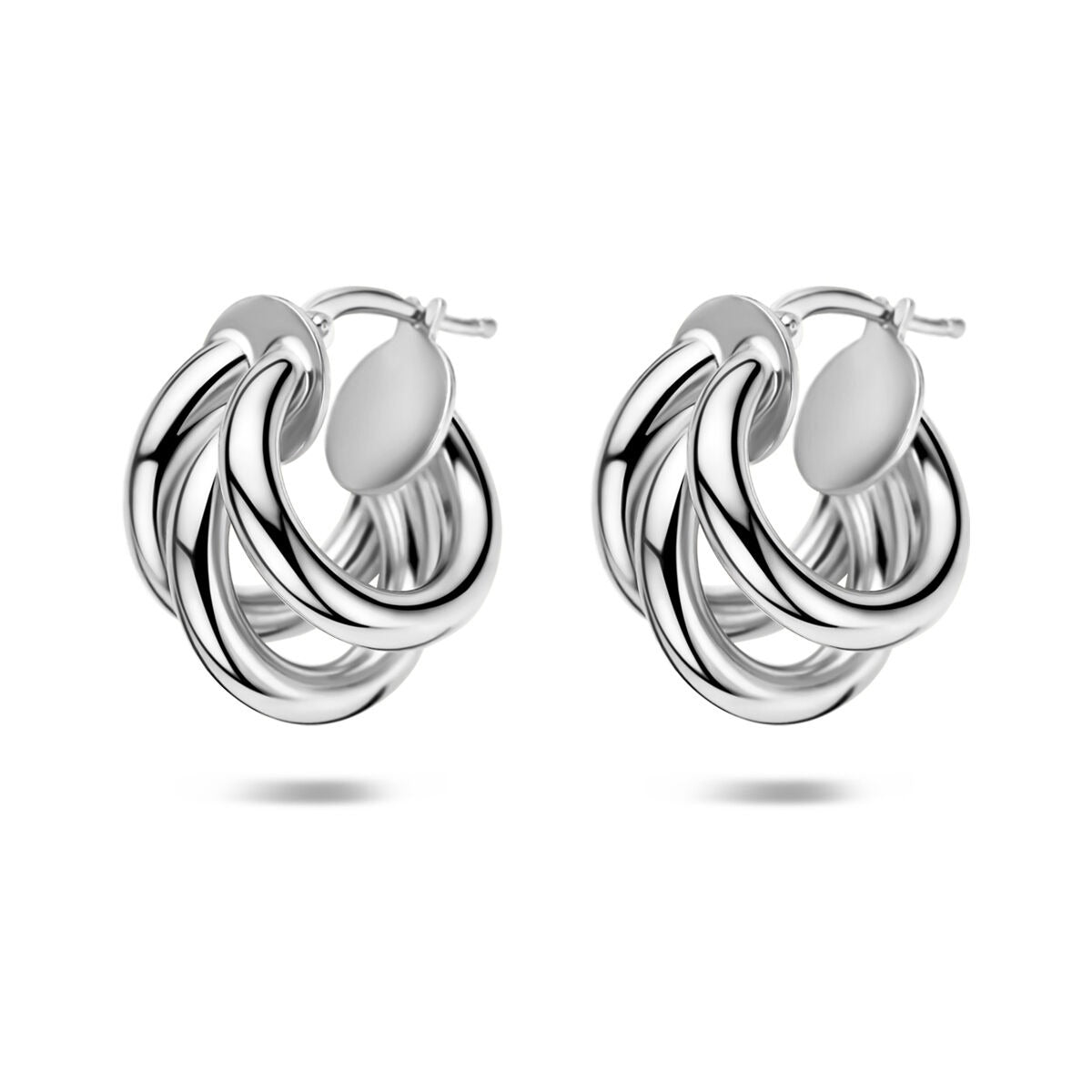 Pendientes de aro de plata 925 con acabado en rodio, con diseño entrelazado y brillante.