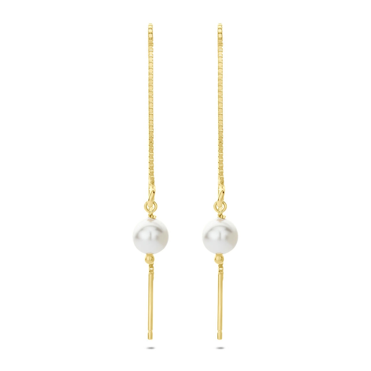 Pendientes largos de plata dorada con perla.
