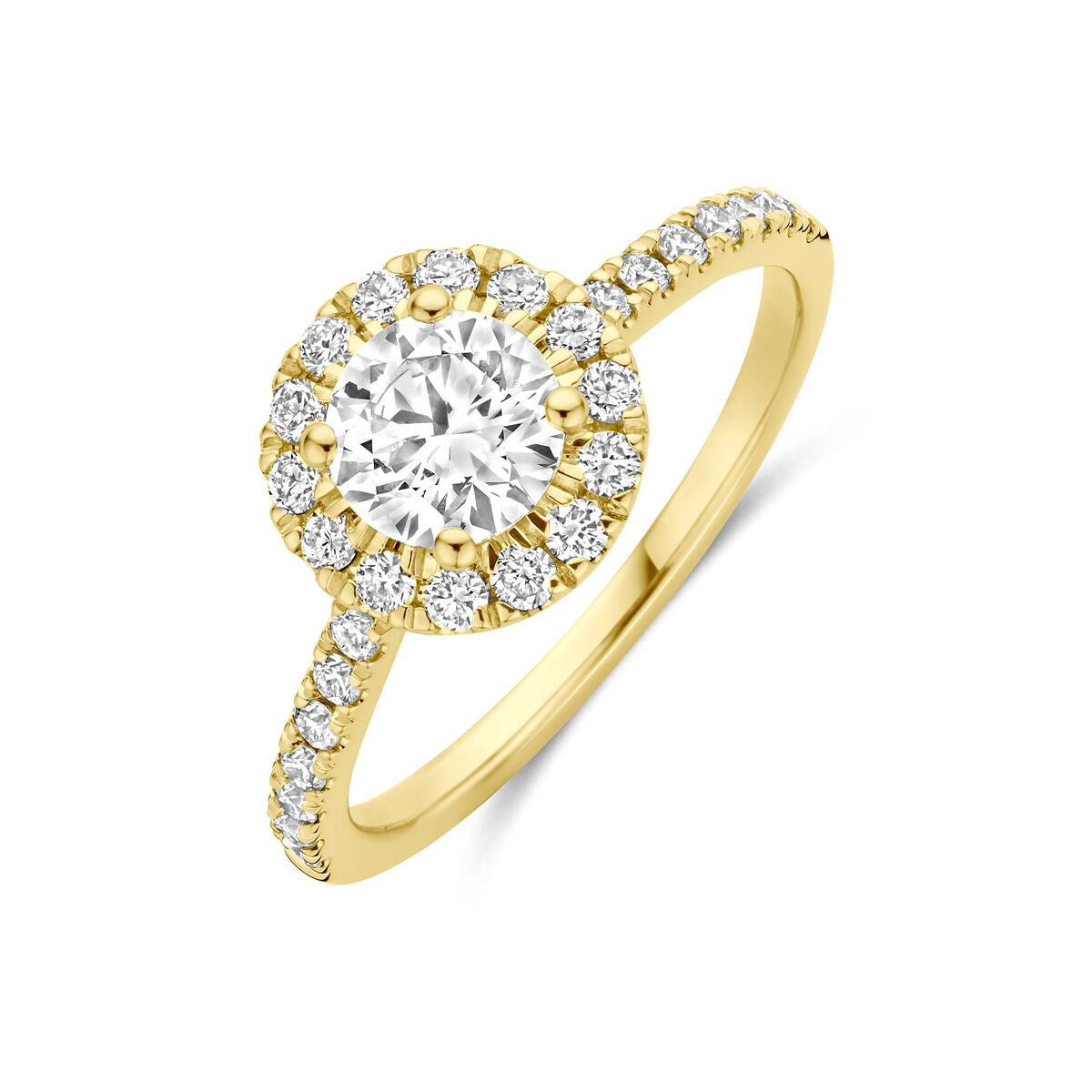 Anillo de oro amarillo de 14k con diamante lab-grown de 1.10 ct y pavé de diamantes alrededor.