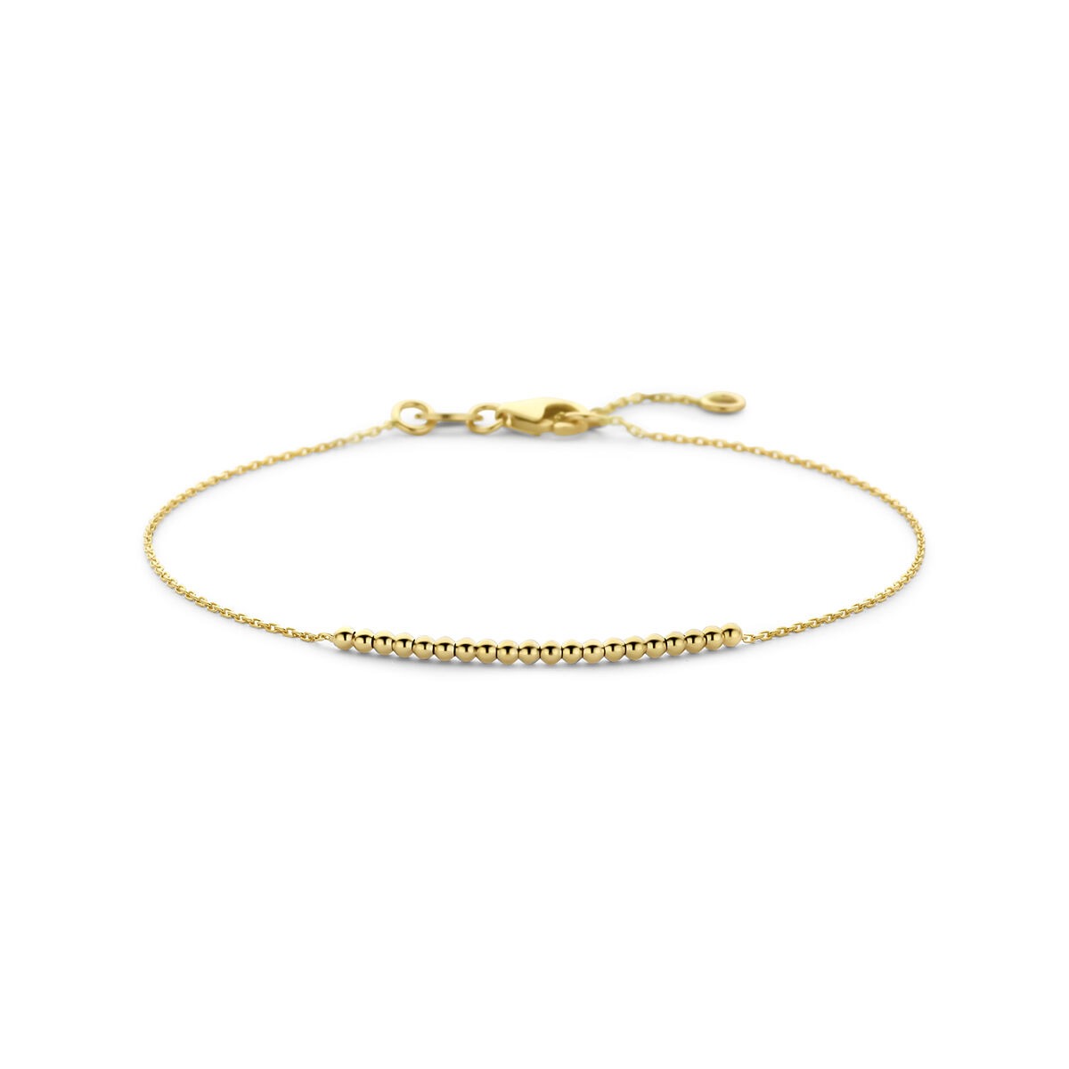 Pulsera de oro amarillo de 14k con bolitas en la parte central.
