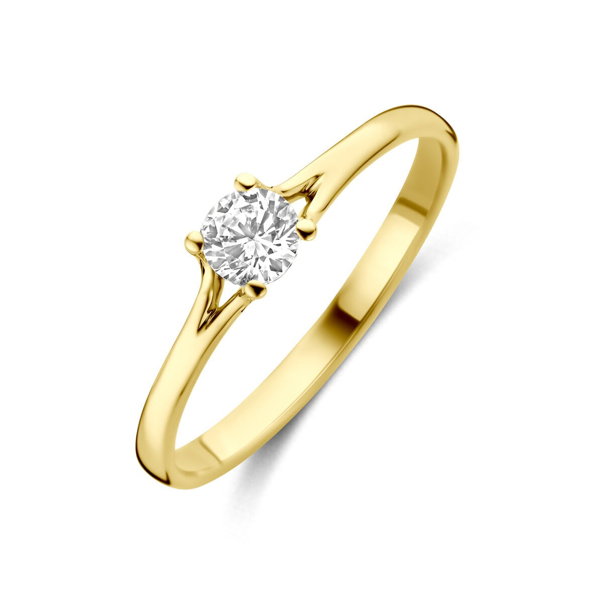 Anillo de dama en oro amarillo de 14k con circonita brillante en el centro.