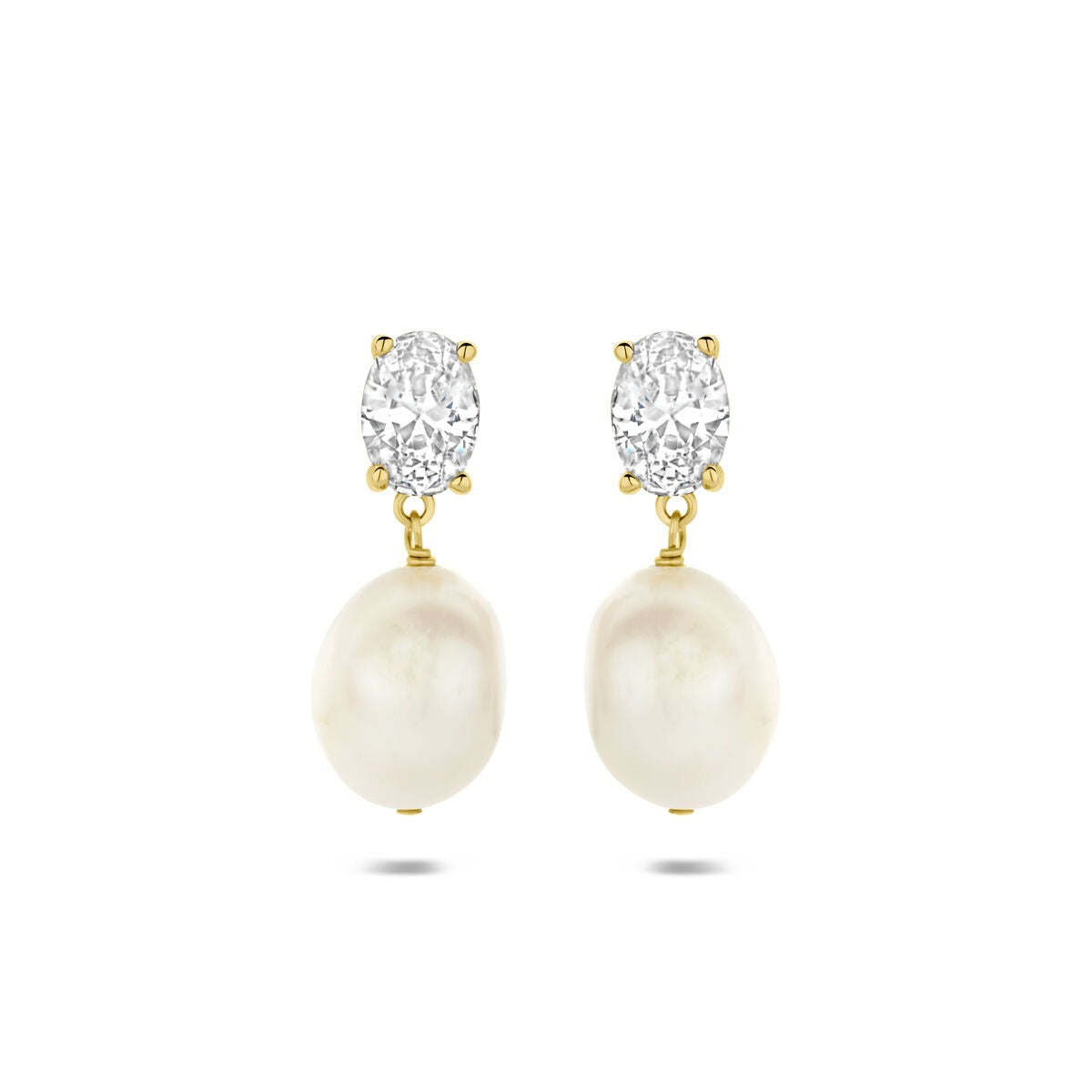 Pendientes de oro con perla y circonita, con forma ovalada y detalle brillante.