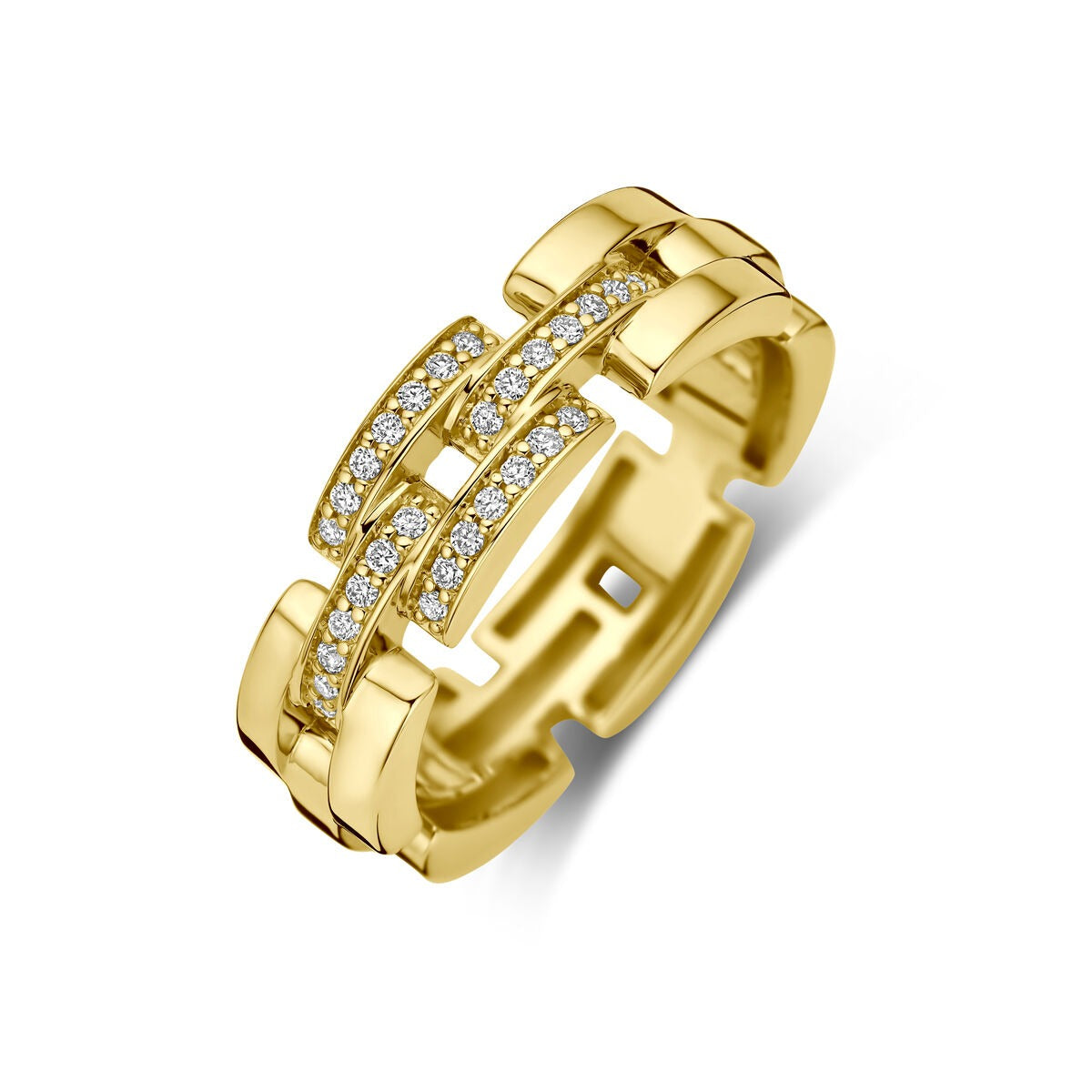 Anillo de oro amarillo de 14k con diamantes en un diseño moderno y geométrico.