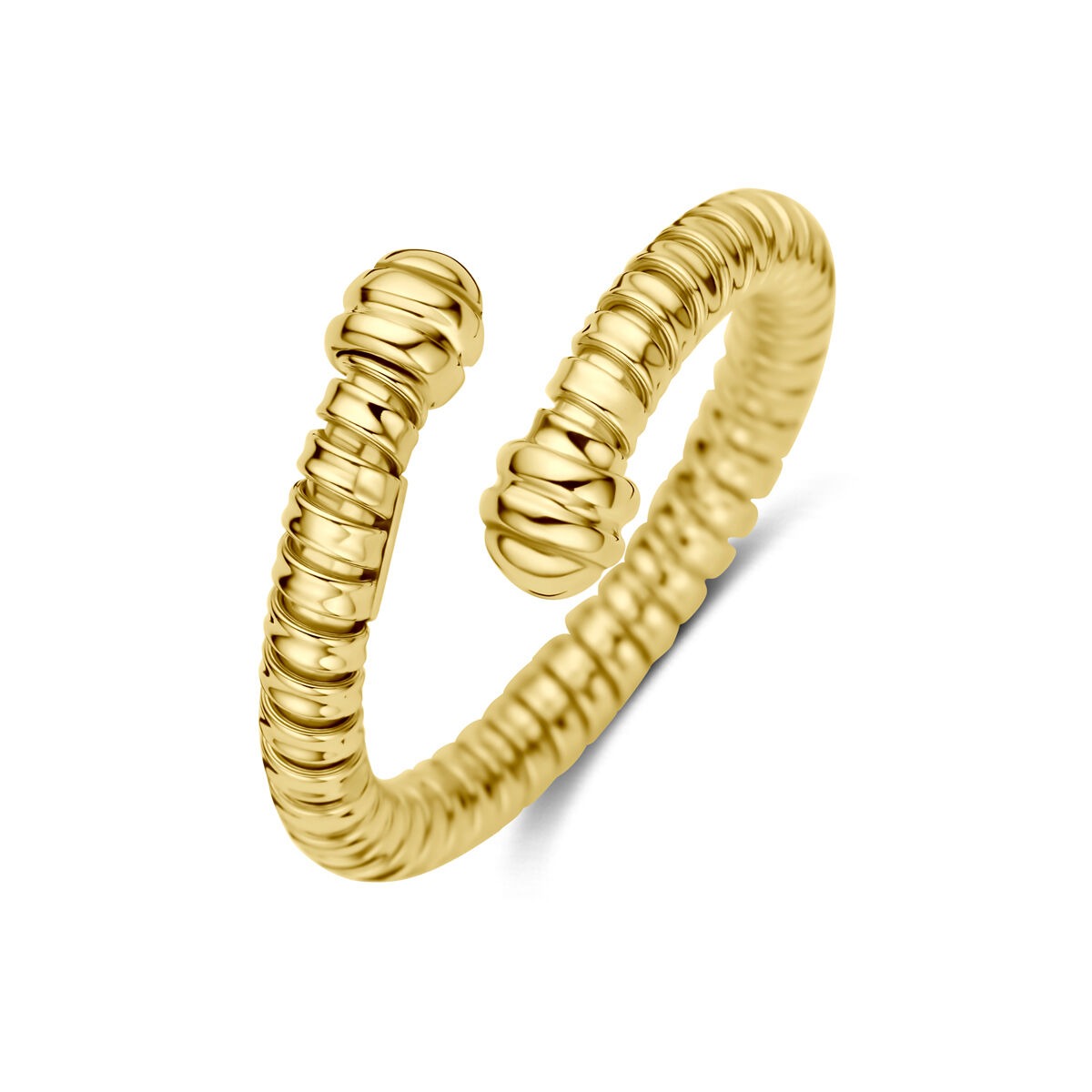 Anillo de oro amarillo de 14k, diseño abierto con detalles en relieve y forma ondulada.