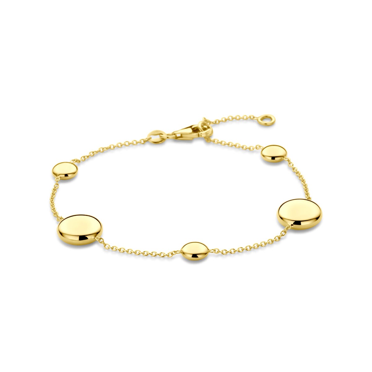 Pulsera de dama de oro amarillo de 14k con discos brillantes y cadena ajustable de 17 a 19 cm.