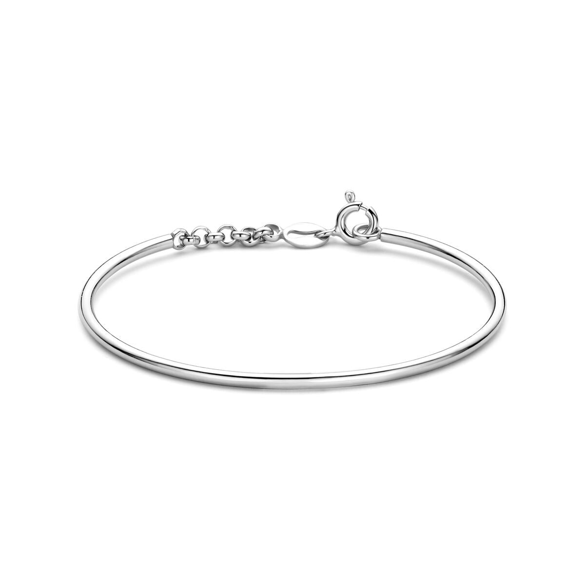 Pulsera infantil de plata 925 con acabado en rodio, de forma circular y cierre de mosquetón.