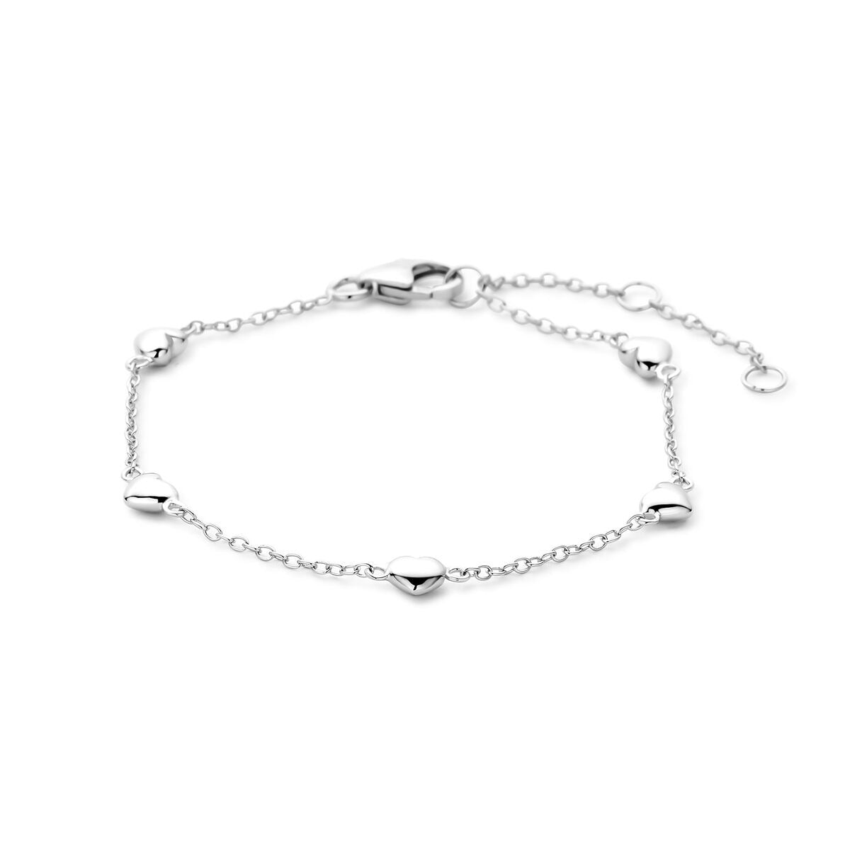 Pulsera infantil plateada con corazones, acabada en rodio, de 13 a 16 cm.