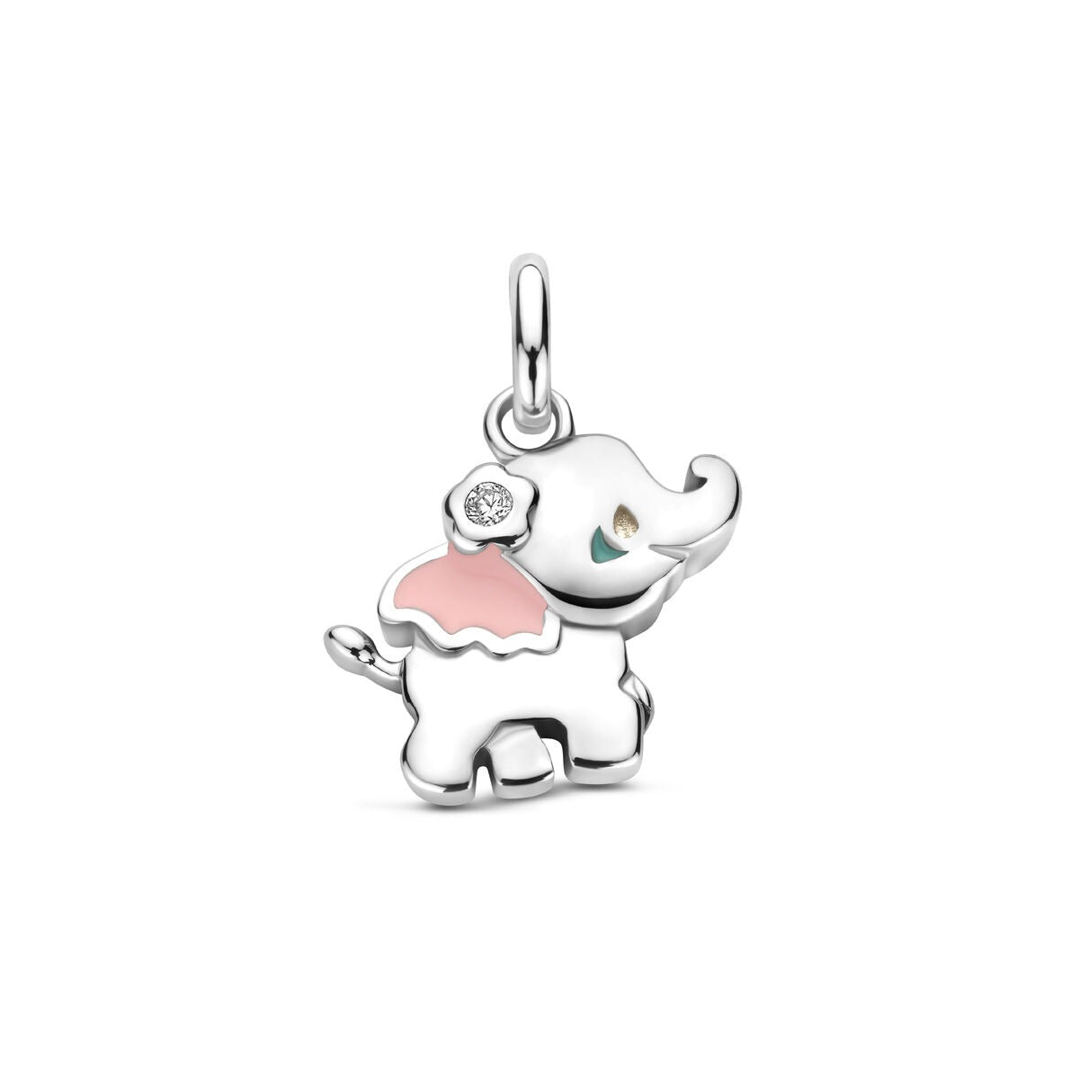 Colgante de elefante para niños en plata de ley 925, con detalles en esmalte rosa y circonitas.