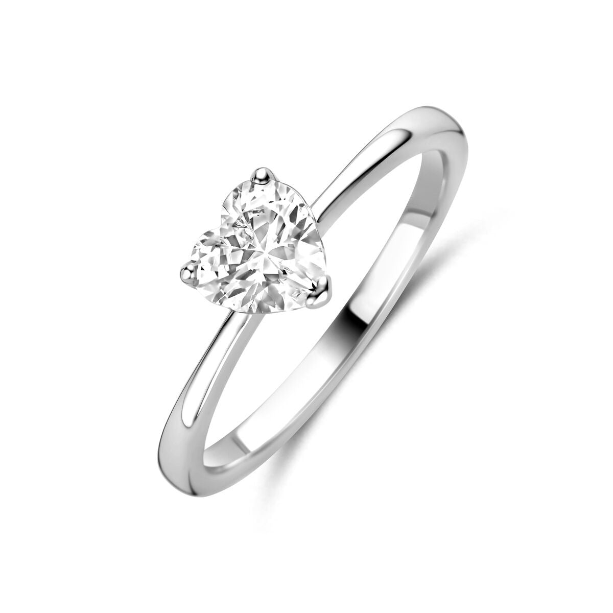 Anillo de plata con zirconia en forma de corazón, diseño para dama, acabado rodiado.