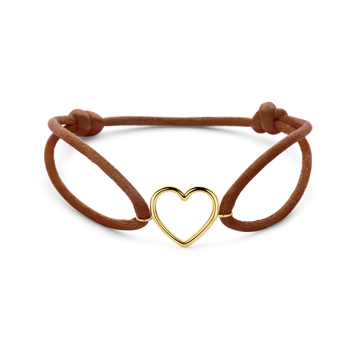 Pulsera de satén marrón con un corazón de oro amarillo de 14k, diseño sencillo y delicado.