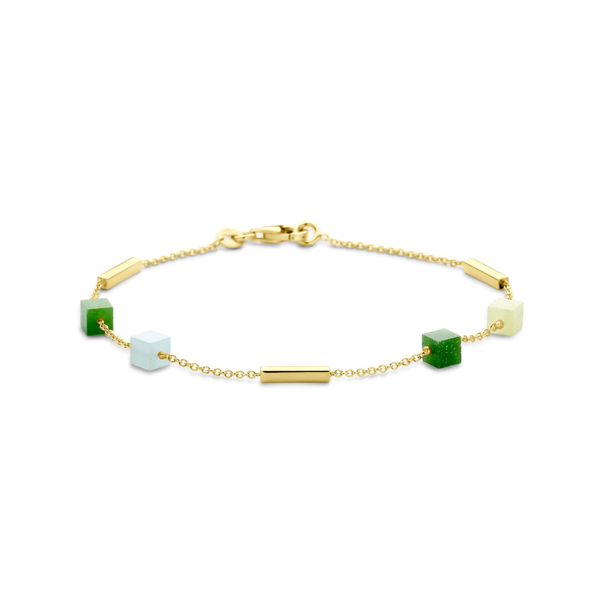 Pulsera de oro de 14k con cuarzo azul y verde, con detalles en forma de cubos y eslabones.