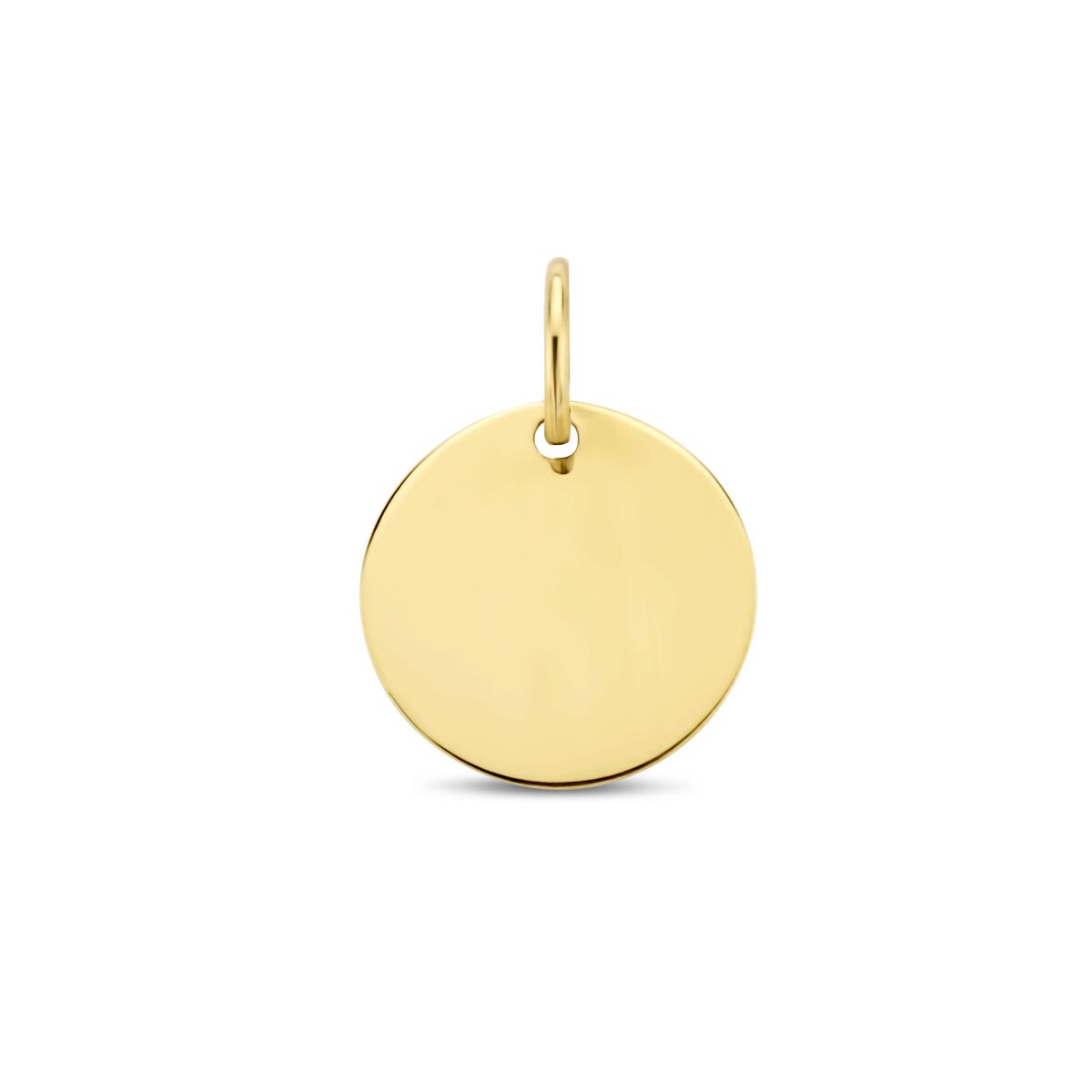Colgante redondo de oro amarillo de 9 quilates, con superficie lisa y brillante.