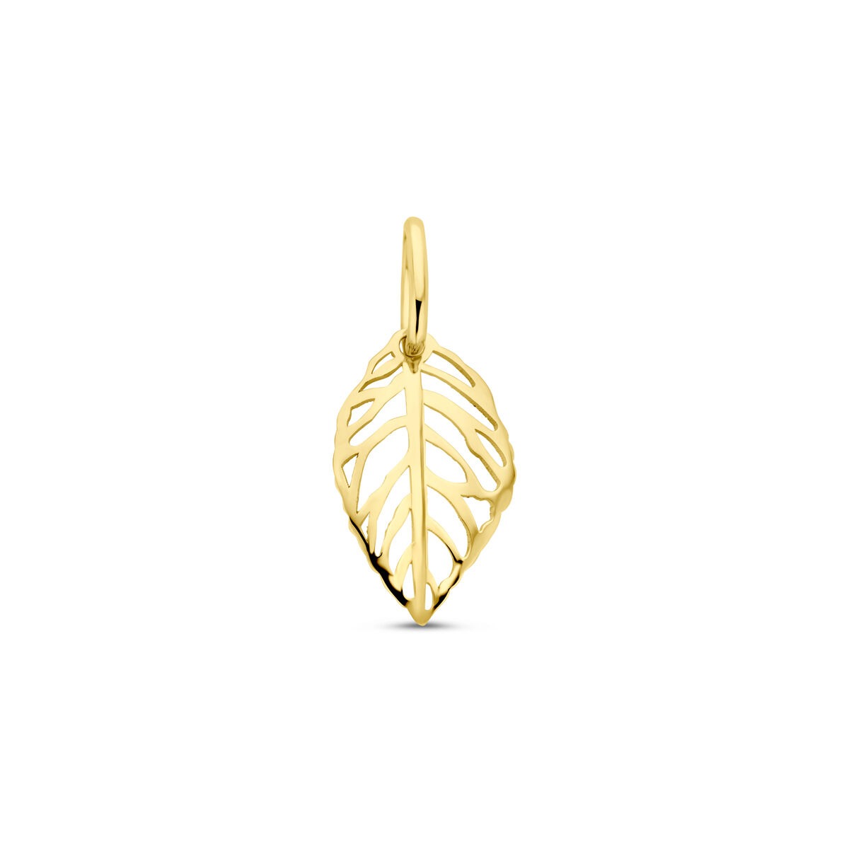 Colgante de hoja en oro amarillo de 14k, con diseño calado y tamaño de 17 mm.