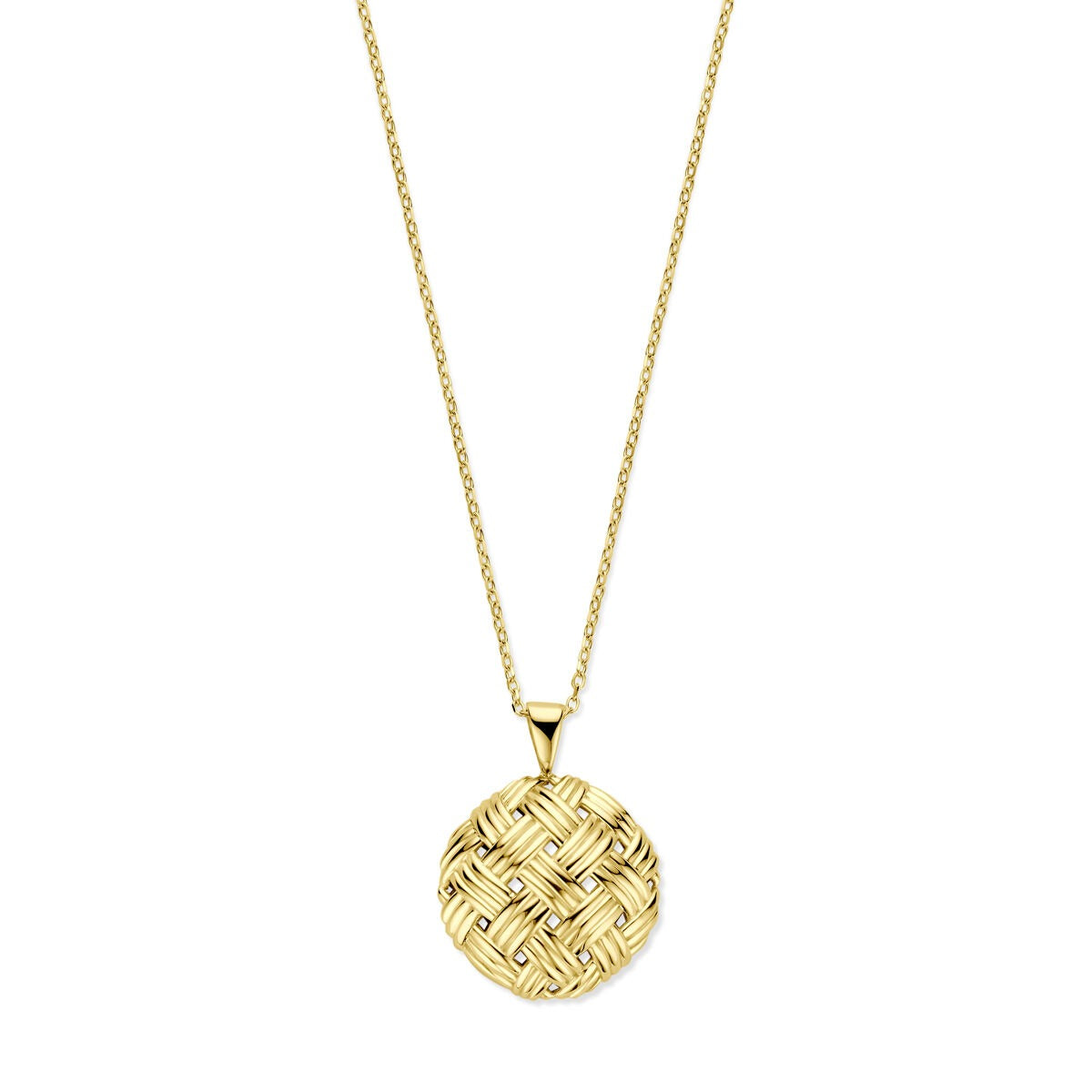 Collar de oro amarillo de 14k con colgante redondo trenzado y cierre de langosta, 42 - 44 cm.