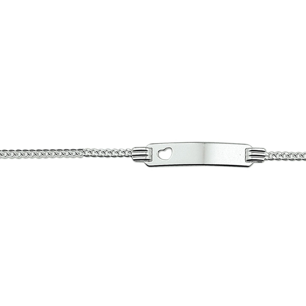 Pulsera de plata rodiada para niños con placa de grabado y detalle de corazón.