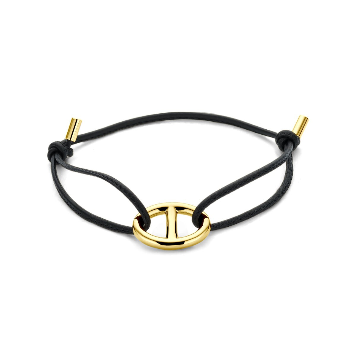 Pulsera de cuero negro con eslabón de marine en oro amarillo de 18k.
