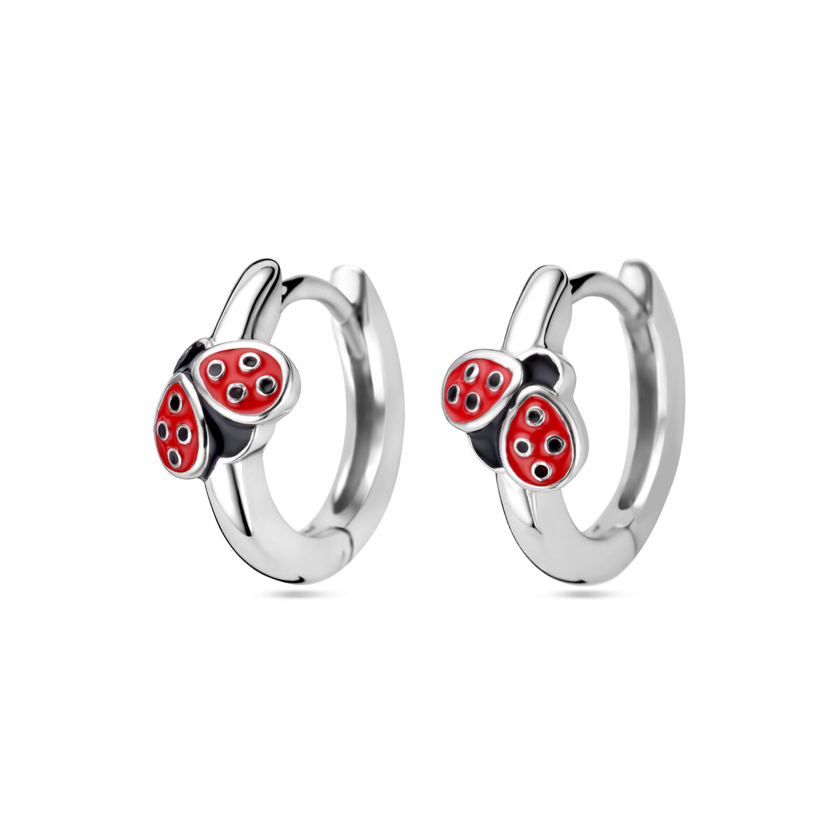 Aros plateados con diseño de mariquita y esmalte rojo.