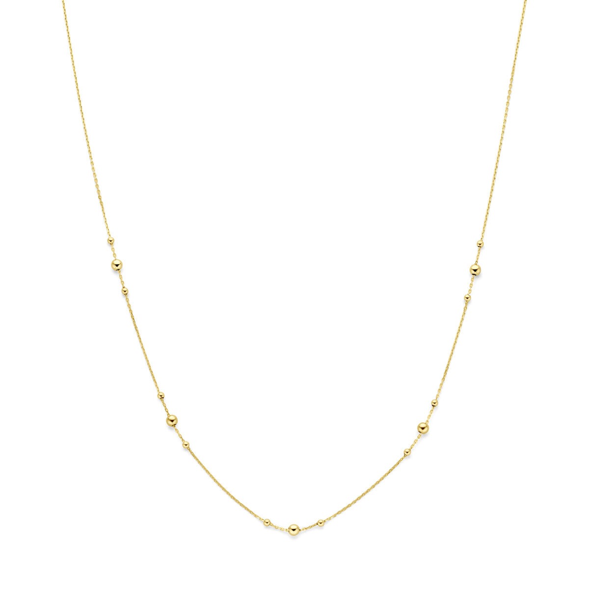 Geelgouden collier met bolletjes in een verfijnde, delicate schakelstructuur.