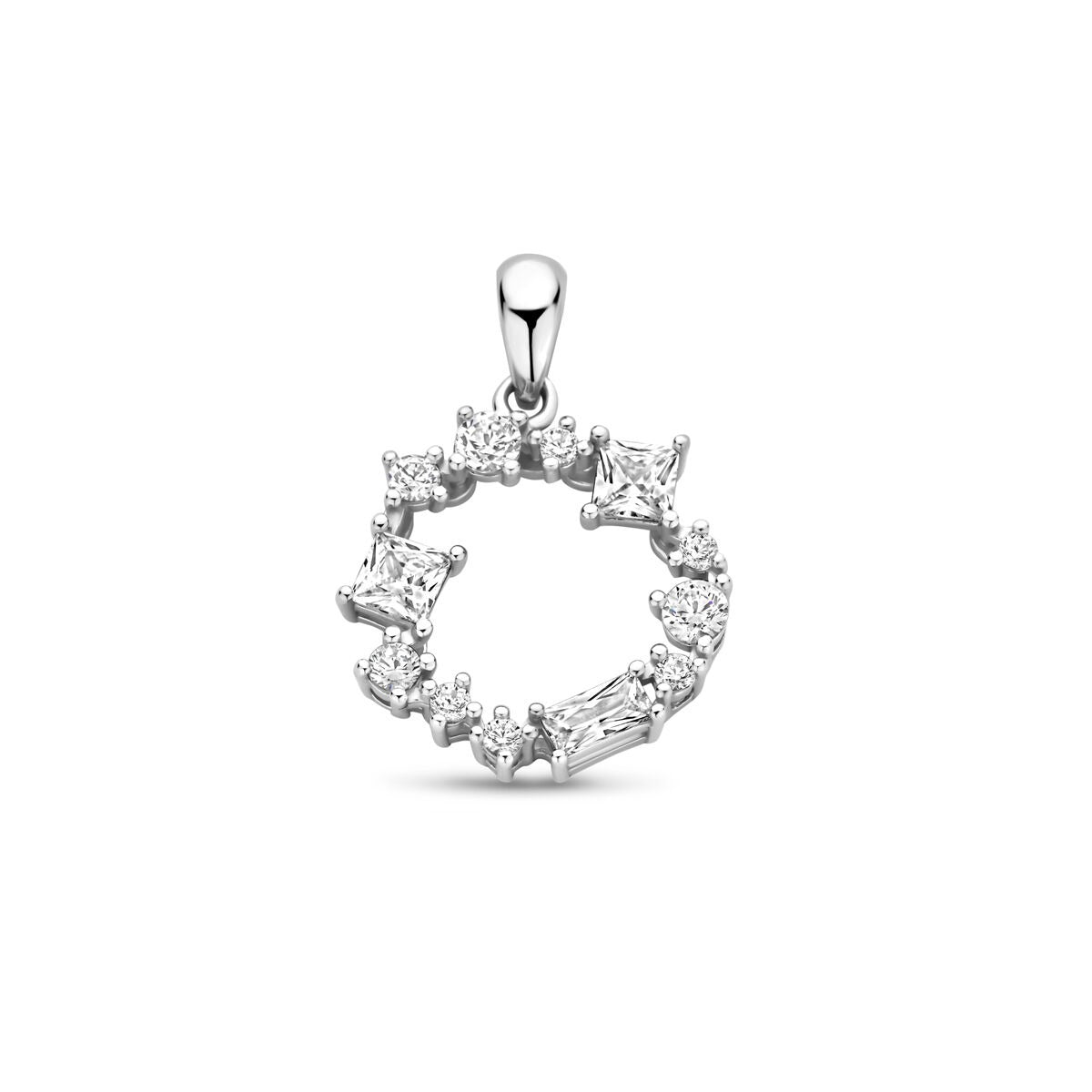 Colgante redondo de plata rodiada con circonitas talladas en brillante.