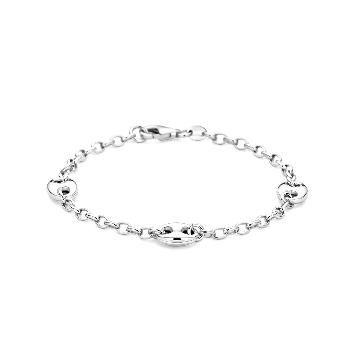 Pulsera de ancla plateada para damas con eslabones y detalles en forma de corazón.