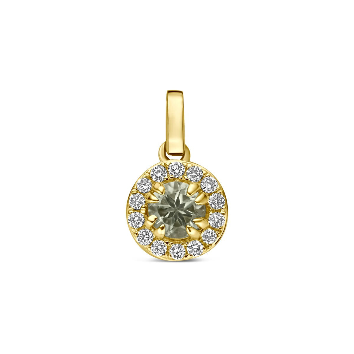 Colgante de oro amarillo de 14k con amatista verde y diamantes cultivados en laboratorio.