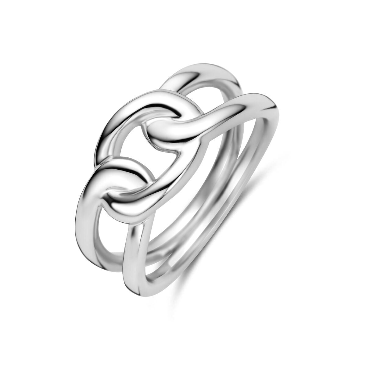 Anillo unisex de plata 925 con acabado en rodio, diseño entrelazado y brillante.