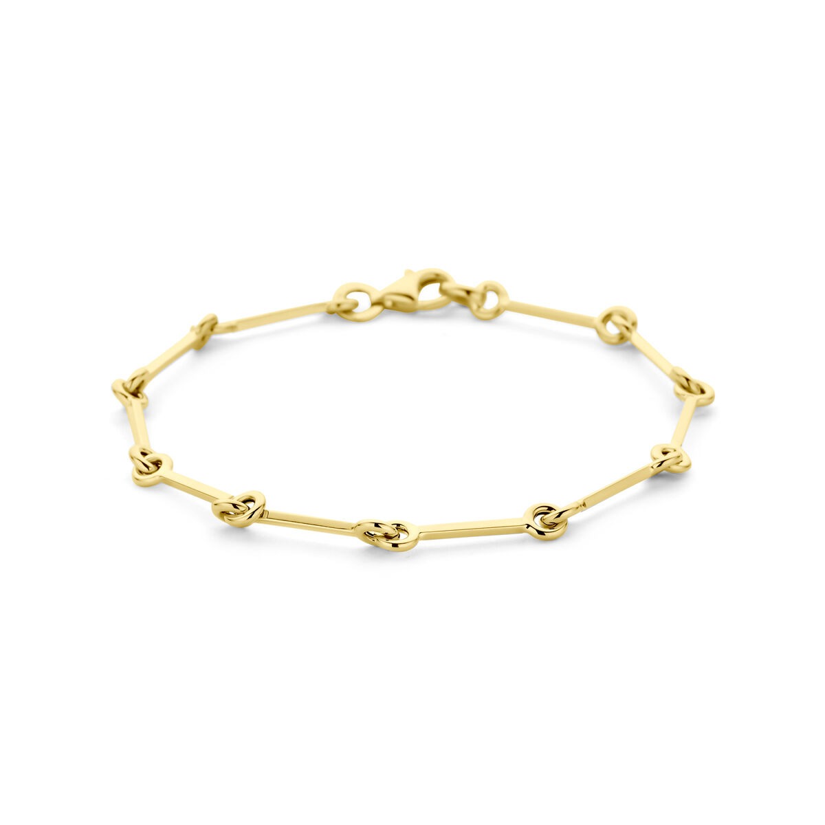 Pulsera de eslabones en oro de 14 quilates con detalles en forma de nudos.