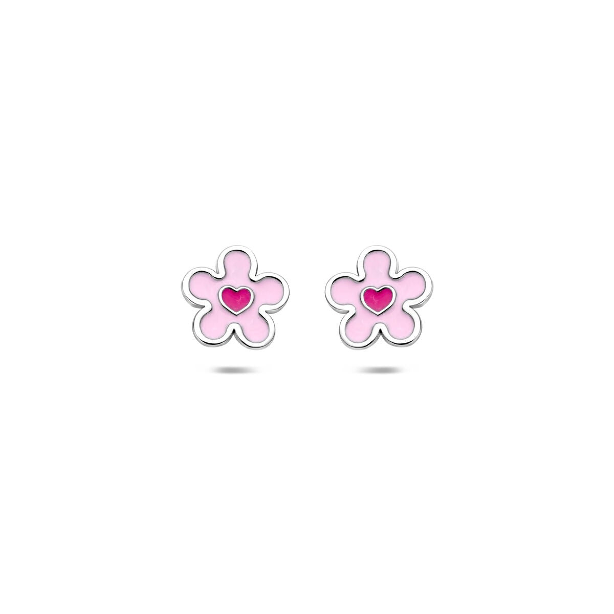 Pendientes de flor con corazón en color rosa, elaborados en plata de ley 925 con acabado en rodio.
