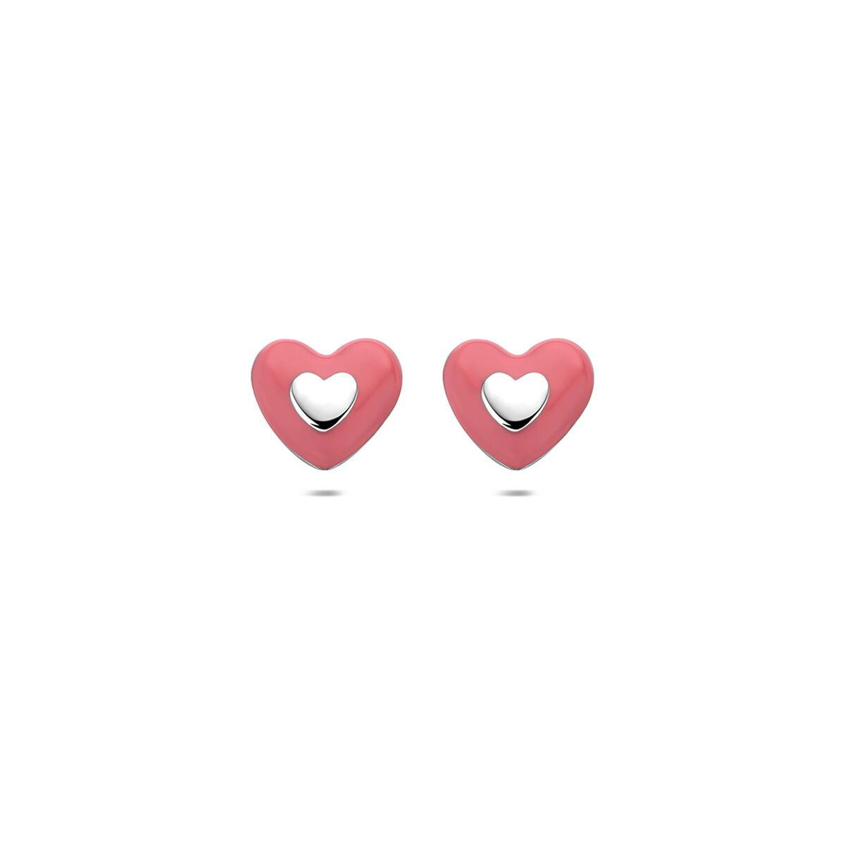 Pendientes de corazón de plata 925 con esmalte rosa y detalle plateado en el centro.