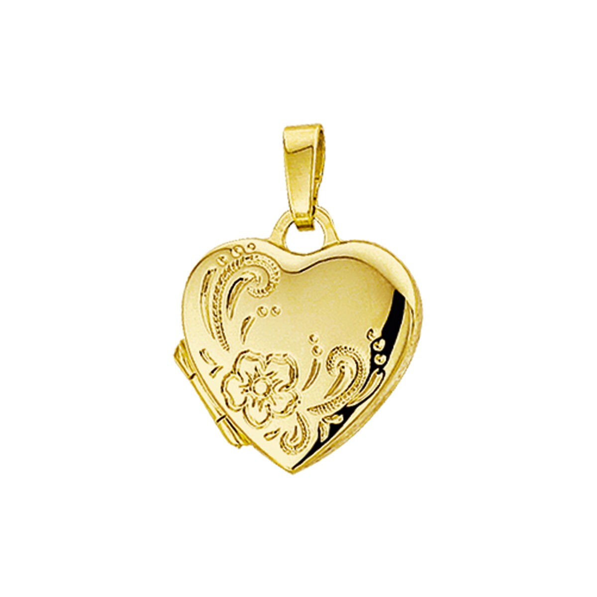 Medaillon en forma de corazón de 14 quilates, con un diseño grabado y acabado brillante.