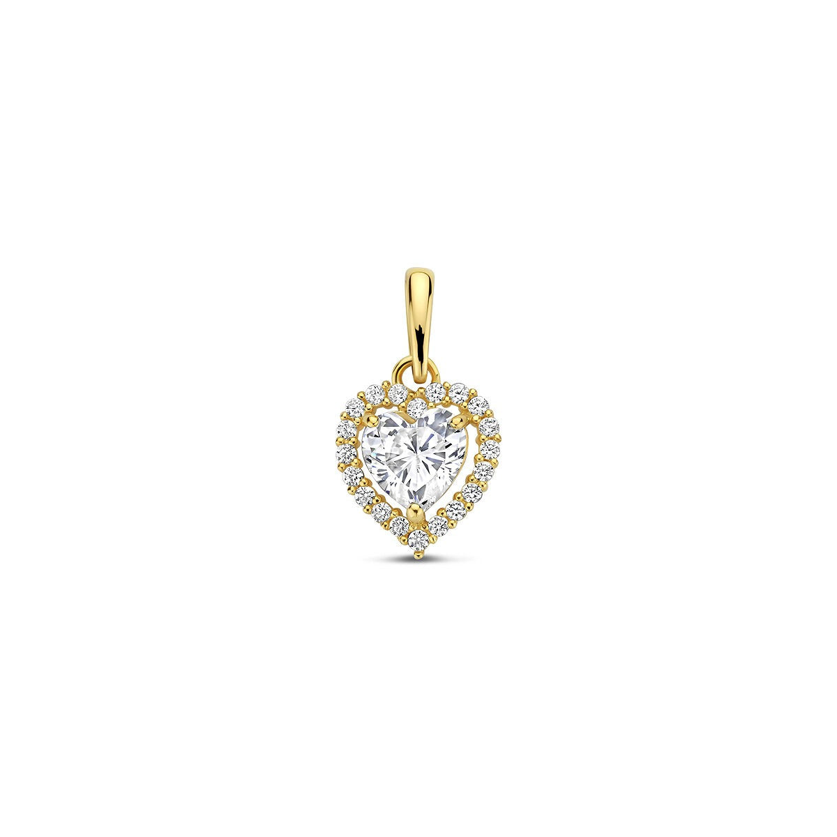 Colgante dorado en forma de corazón con circonitas en engaste de entorno.