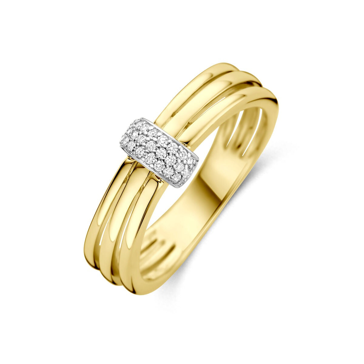 Anillo bicolor de 14k en oro amarillo y blanco con diamantes, 7 mm de ancho.