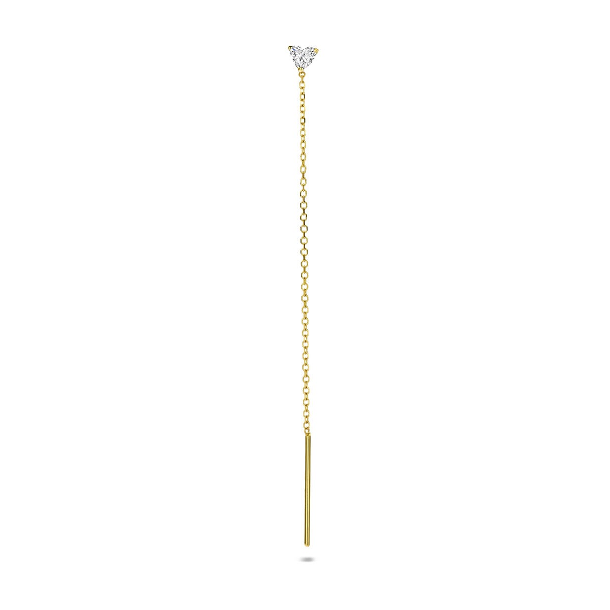 Pendiente de oro amarillo de 14k con diamante cultivado en laboratorio, diseño largo y delgado.