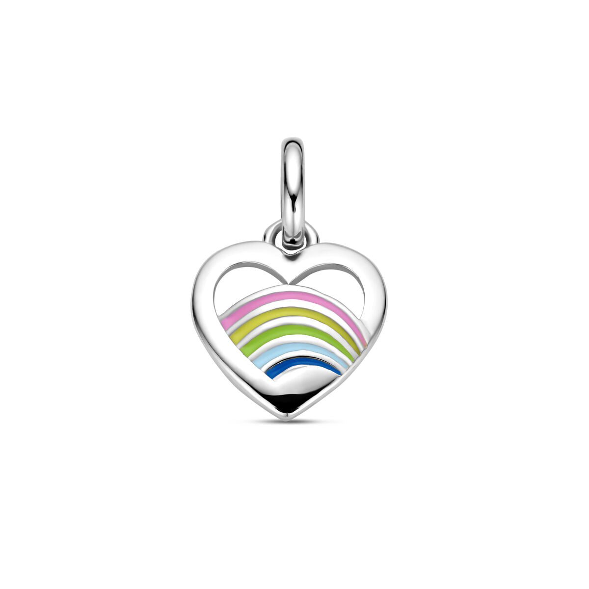 Colgante de corazón plateado con esmalte de colores en forma de arcoíris.