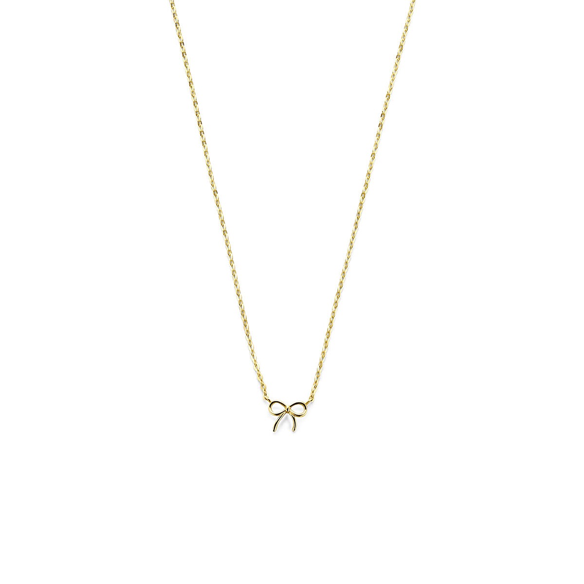 Geelgouden damescollier met een strik als hanger, fijn schakeldesign.