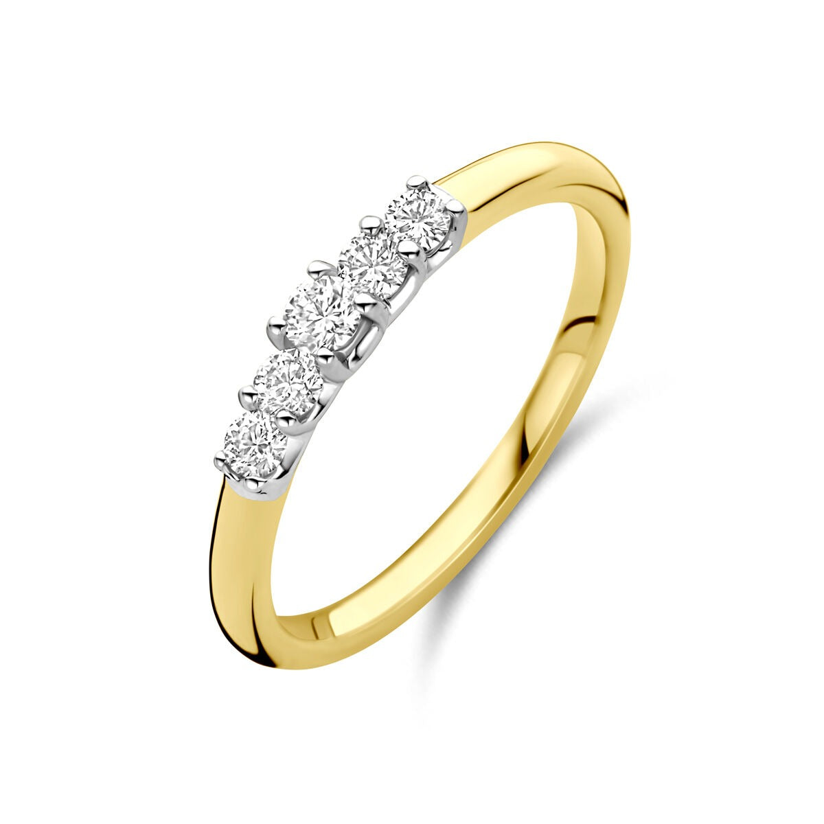 Anillo bicolor de 14k con cinco diamantes de 0.30 ct en la parte superior.