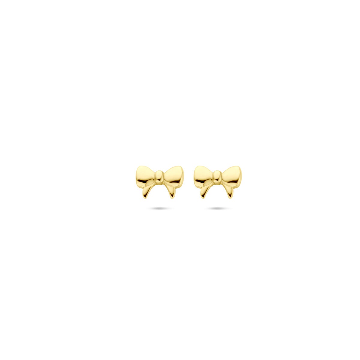 Pendientes de oro amarillo en forma de lazo con un pequeño detalle brillante en el centro.