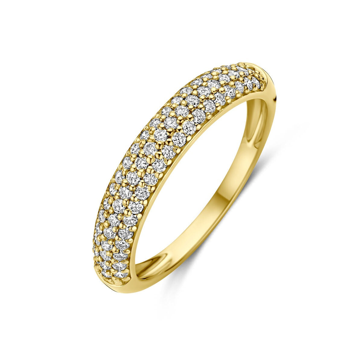 Anillo de oro amarillo de 14k con diamantes lab-grown engastados en la parte superior.