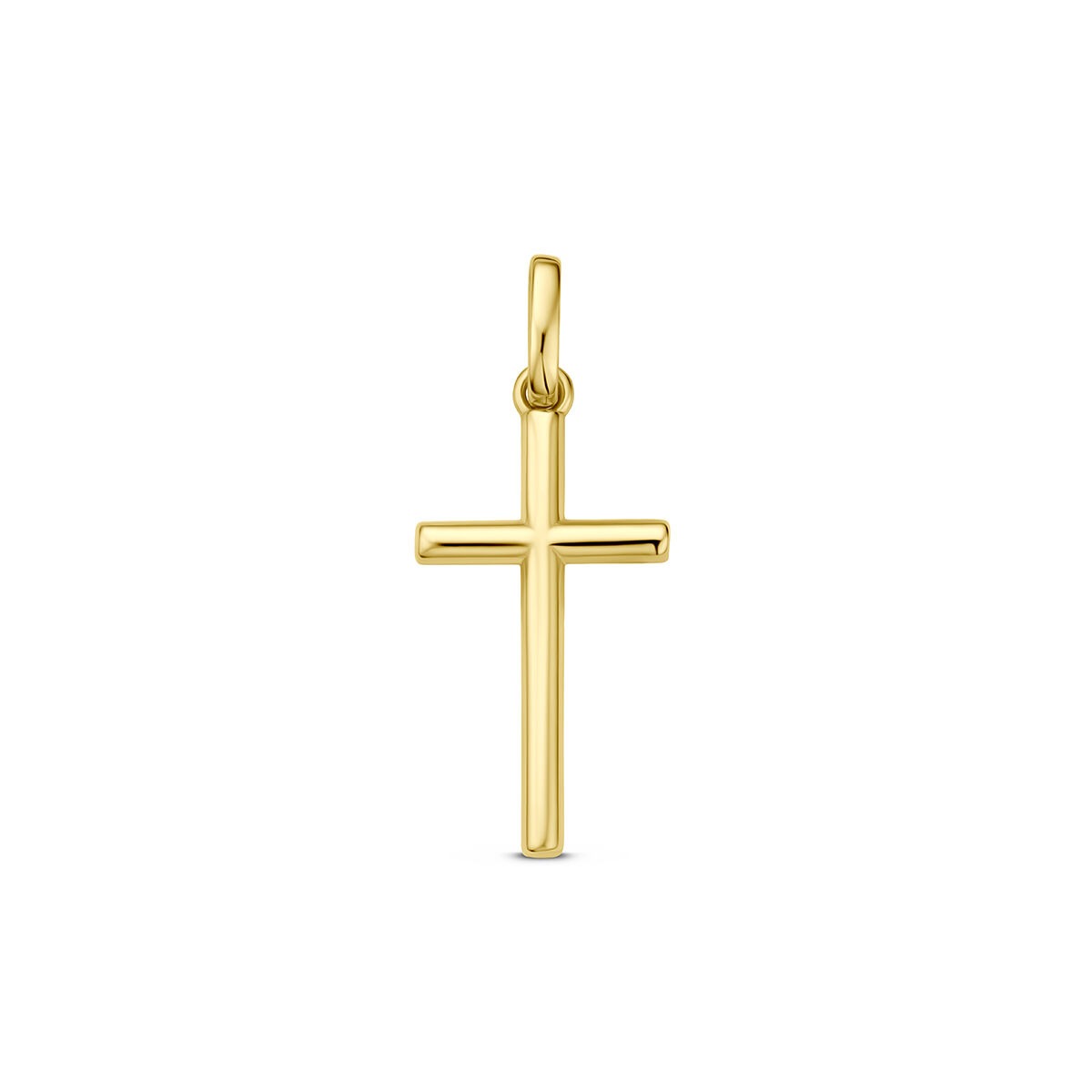 Colgante de cruz en oro amarillo de 9 quilates, con un diseño simple y elegante.