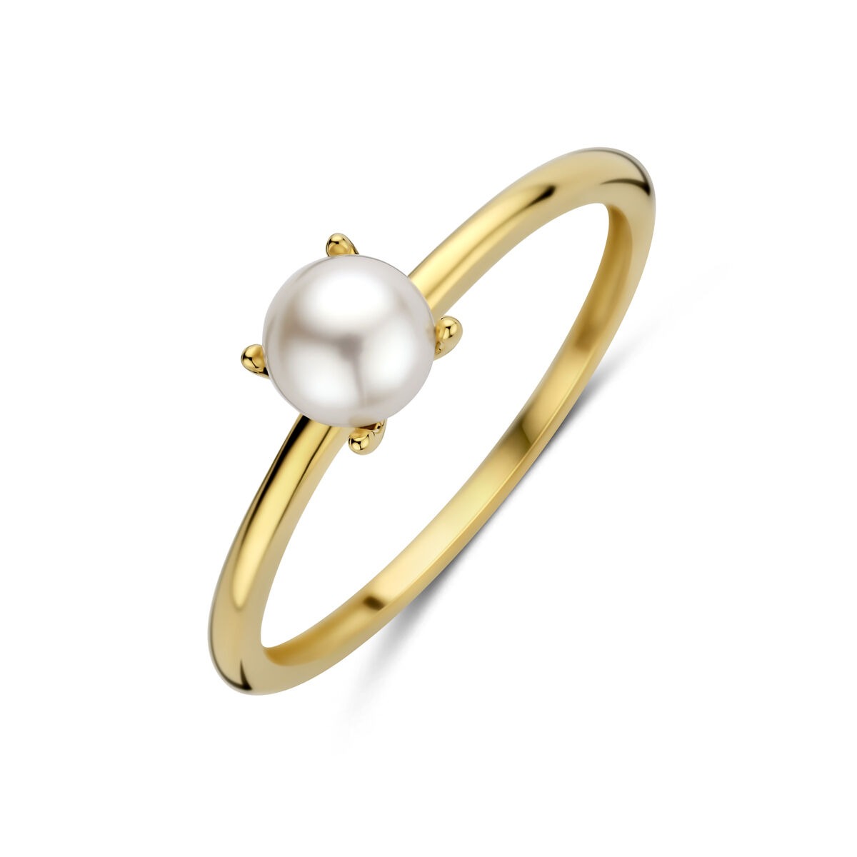 Anillo de dama en oro amarillo de 14k con perla blanca de 5 mm.
