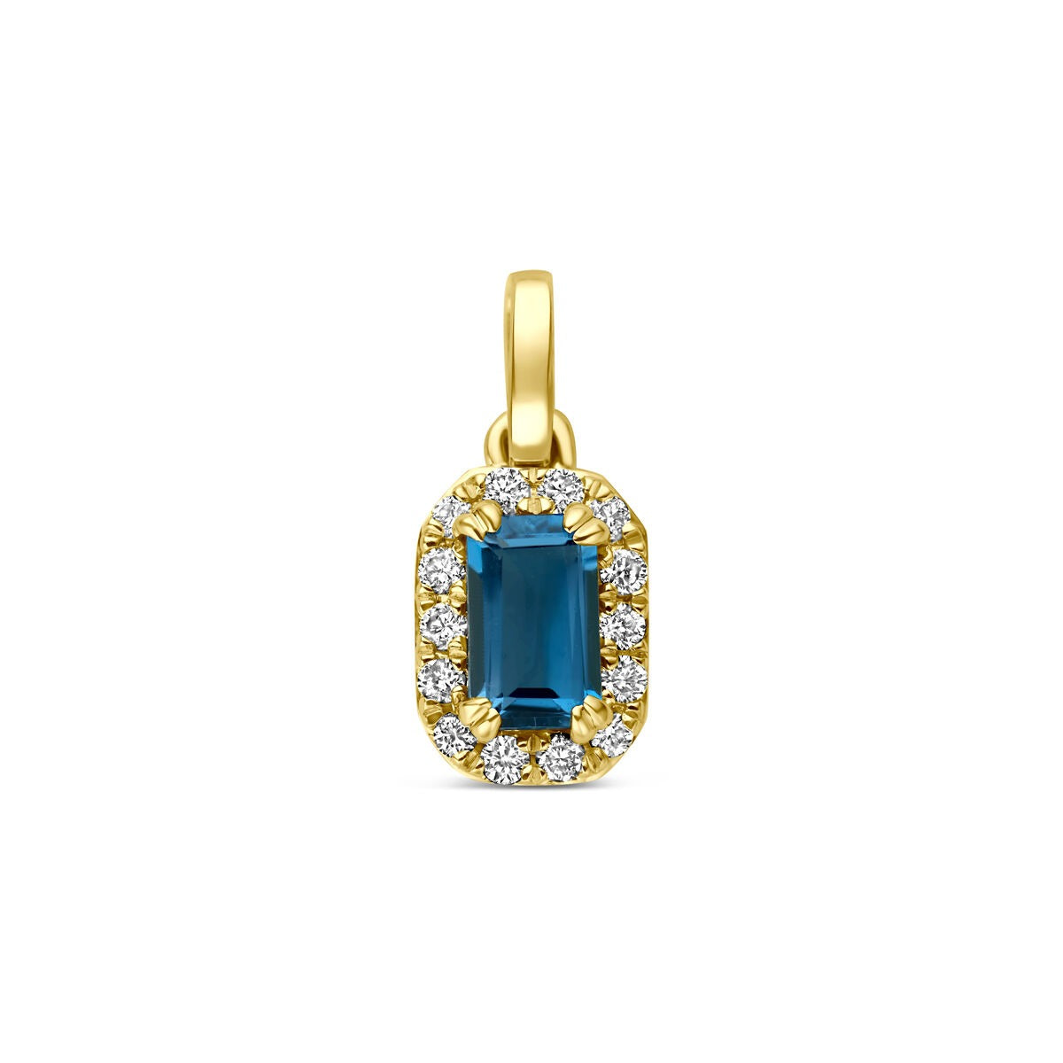 Colgante de oro amarillo de 14k con topacio azul de Londres y diamantes cultivados en laboratorio.