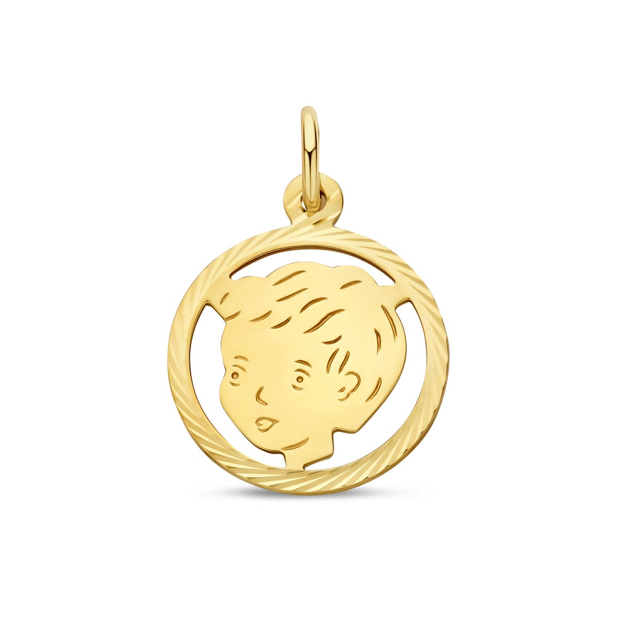Colgante redondo de 9k en oro amarillo con diseño de cabeza de niño de 16 mm.